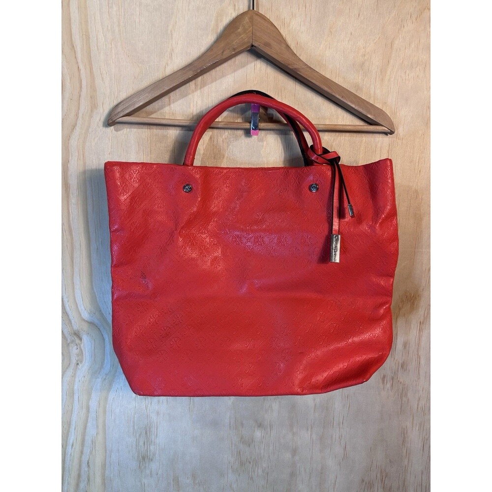 Christian Lacroix Red Embossed Monogram Tote Bag Silver Logo Charm Purse*Flaw
